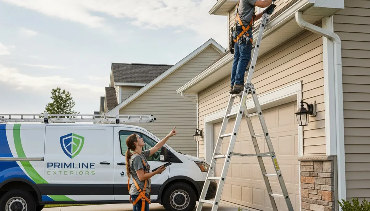 Technician performing gutter inspection on vinyl siding home in Brooklyn, NY