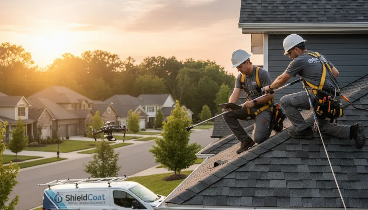 Roof inspection expert examining shingles on Brooklyn NY home exterior for Next Level Exteriors
