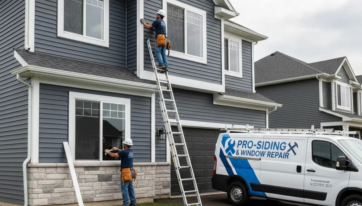 Technician repairing residential window frame and siding in Brooklyn, NY for Next Level Exteriors