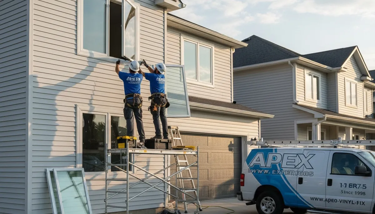 Technician repairing residential window frame in Brooklyn NY for vinyl siding home exterior service